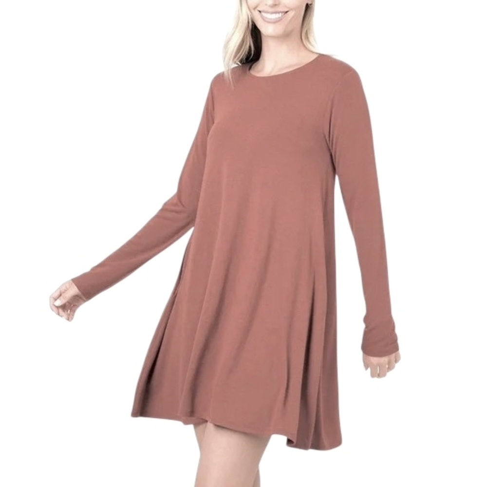 New Zenana T-Shirt Dress Women Plus Size 2X 3X Brown Pockets